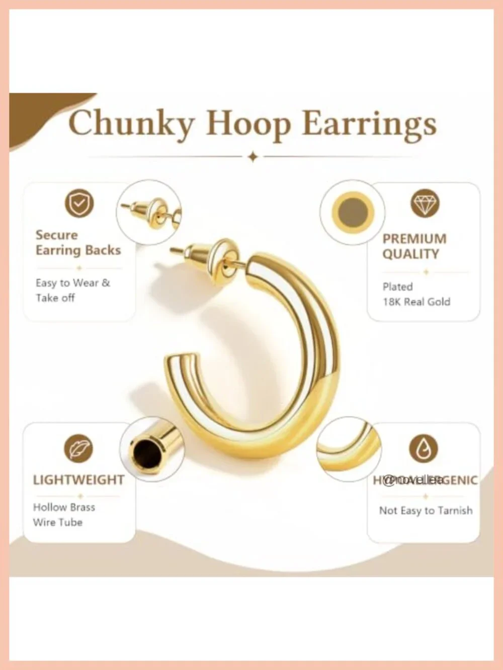 18K Yellow Gold Plated Chunky Hoop Earrings Hypoallergenic Lightweight for Women